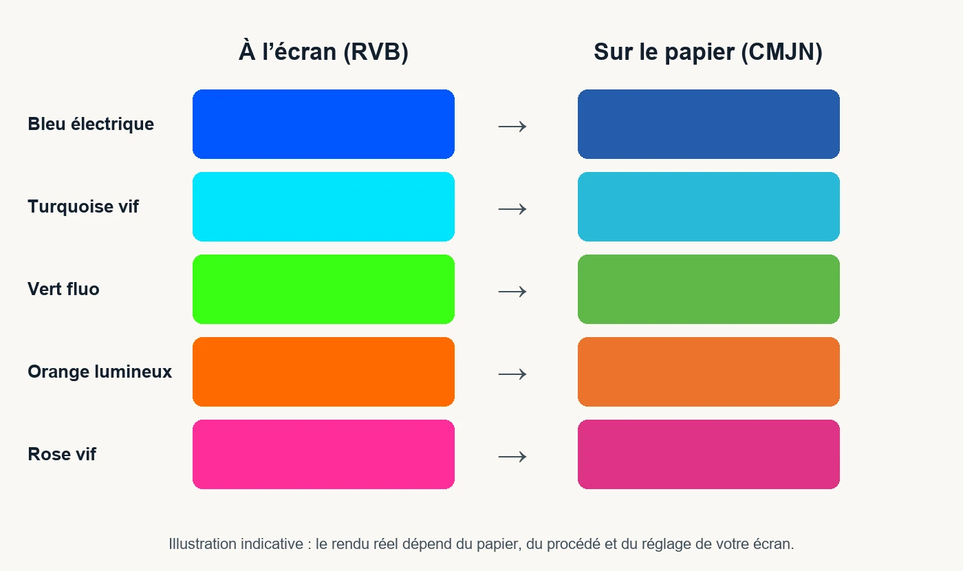 Cinq couleurs vives (bleu électrique, turquoise, vert fluo, orange, rose) telles qu’affichées à l’écran, à côté de leur rendu plus doux une fois imprimées