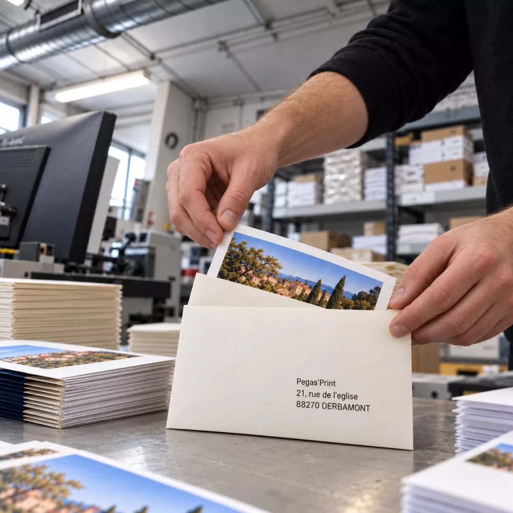 Préparation d’un mailing postal avec enveloppes et brochures dans un atelier d’impression